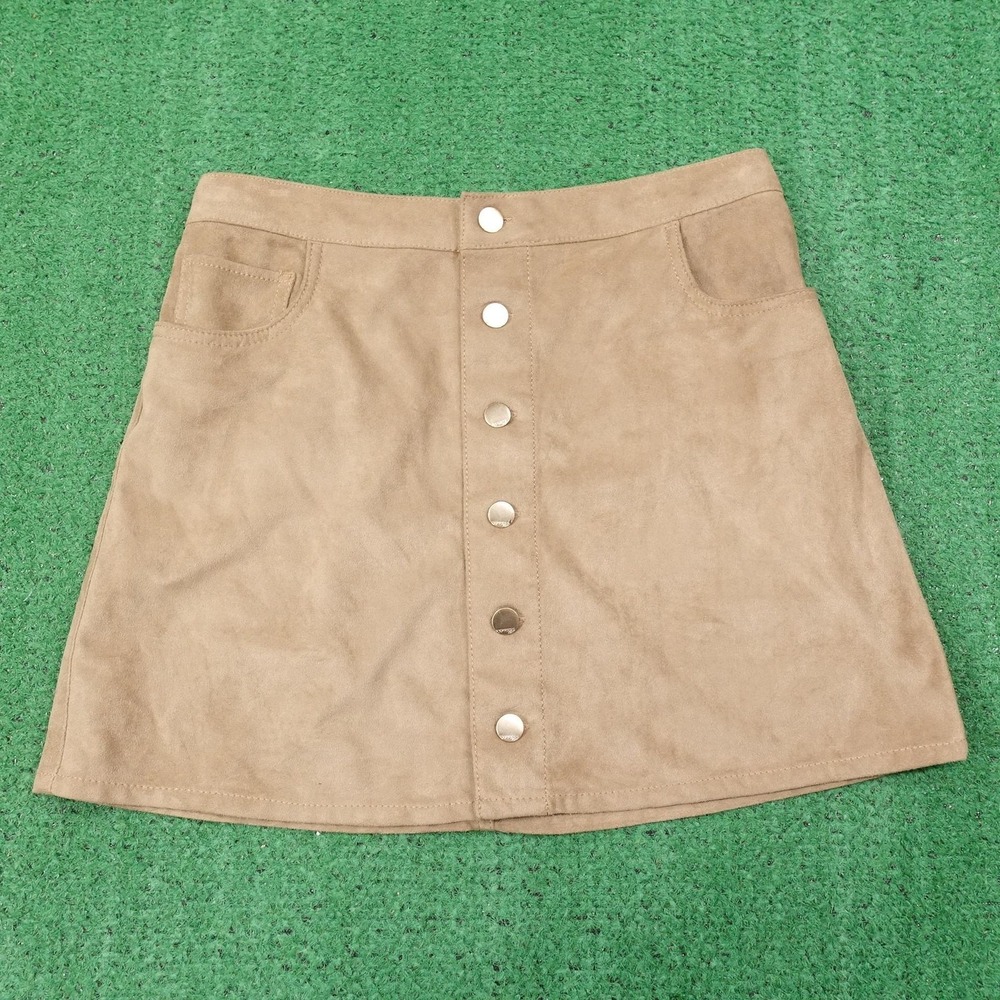 Express Jeans Skirt Womens 6 Beige A-Line Short Faux Suede Snap Front Pockets‎